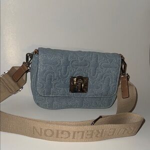 True Religion Blue and Tan Crossbody Bag with Jean Quilted Design